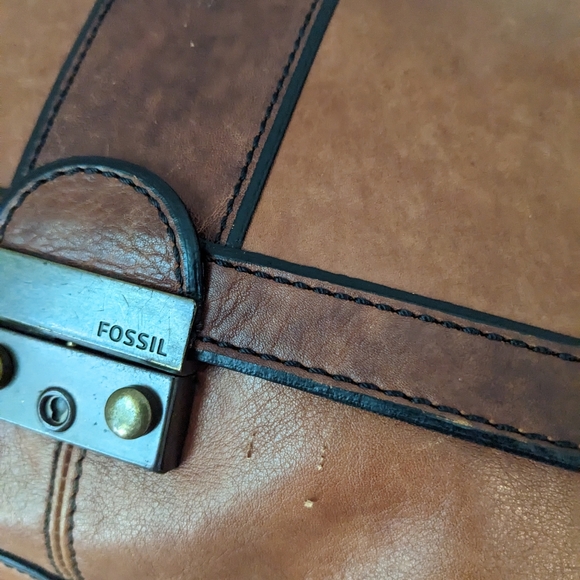Fossil Two Tone Brown Leather Briefcase Messenger Tote Large Laptop Bag - Picture 3 of 8